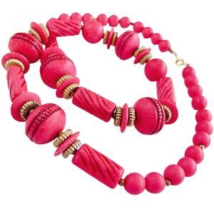 VTG 1960s Carved Wood Necklace Hot Pink Dyed Bead Boho Mod Statement Jewelry